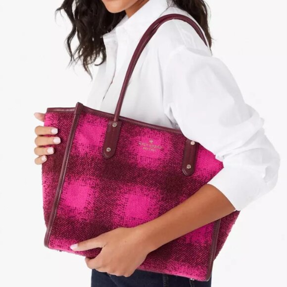 Kate Spade Ella Plaid Tweed Tote Medium Bright Rose Black Shoulder Bag - Picture 4 of 13